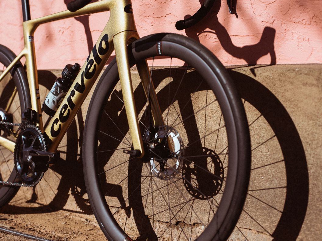 A gold Cervelo Soloist leans against a cement wall in bright sunlight.